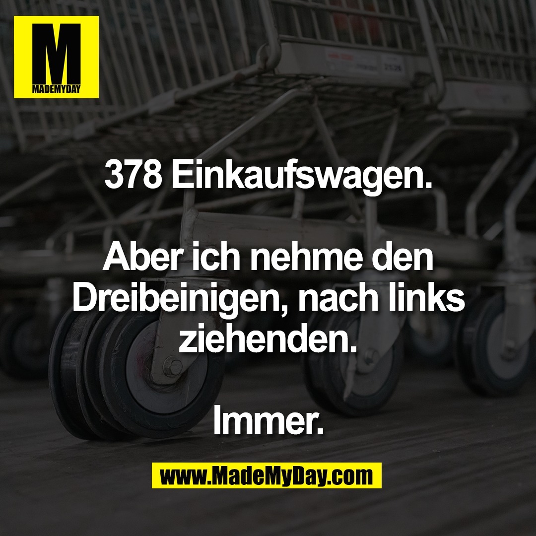 378 Einkaufswagen.<br />
<br />
Aber ich nehme den<br />
Dreibeinigen, nach links<br />
ziehenden.<br />
<br />
Immer.