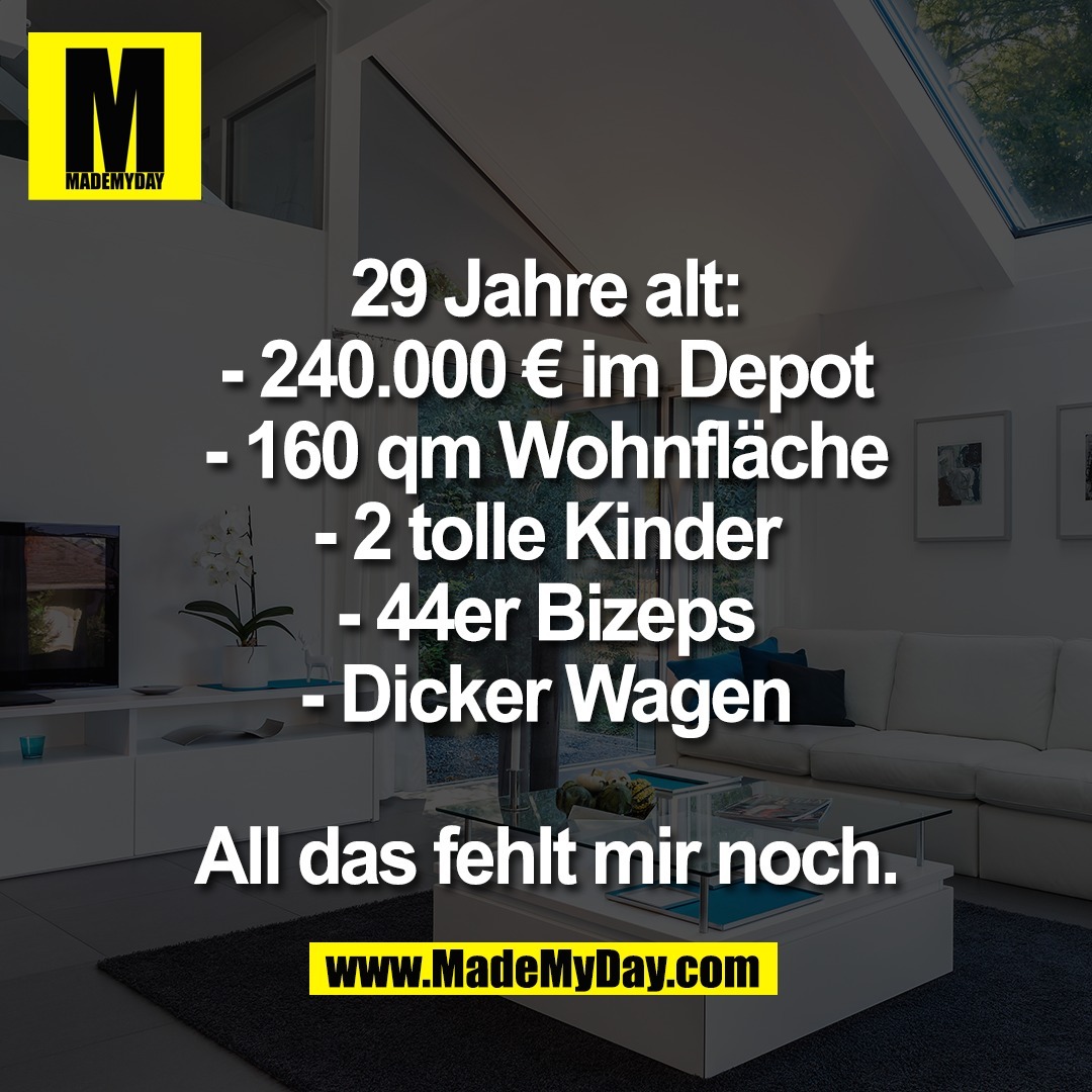 29 Jahre alt:<br />
- 240.000 € im Depot<br />
- 160 qm Wohnfläche<br />
- 2 tolle Kinder<br />
- 44er Bizeps<br />
- Dicker Wagen<br />
<br />
All das fehlt mir noch.