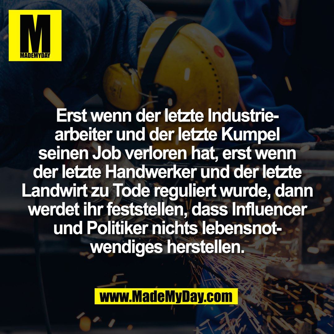 Erst wenn der letzte Industrie-<br />
arbeiter und der letzte Kumpel<br />
seinen Job verloren hat, erst wenn<br />
der letzte Handwerker und der letzte<br />
Landwirt zu Tode reguliert wurde, dann<br />
werdet ihr feststellen, dass Influencer<br />
und Politiker nichts lebensnot-<br />
wendiges herstellen.