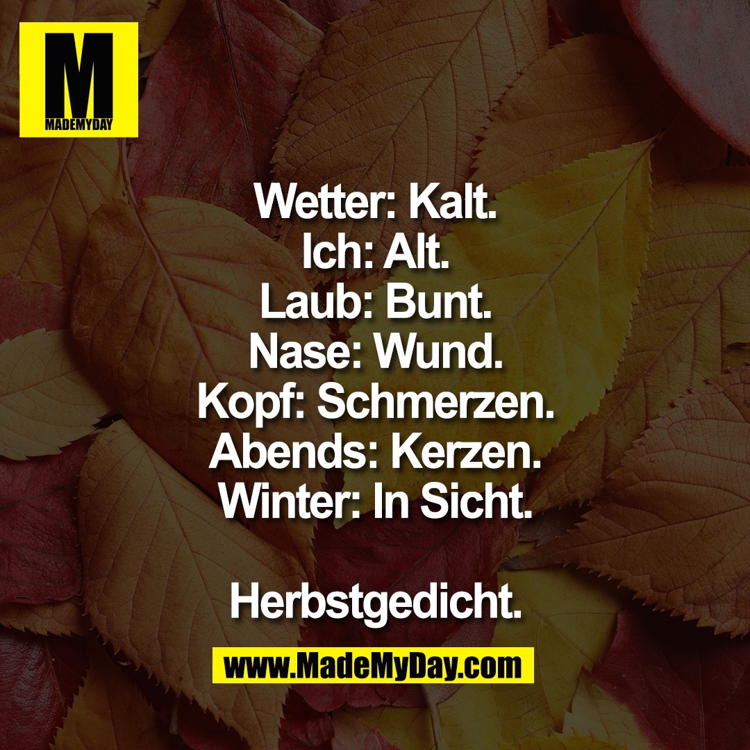 Wetter: Kalt.<br />
Ich: Alt.<br />
Laub: Bunt.<br />
Nase: Wund.<br />
Kopf: Schmerzen.<br />
Abends: Kerzen.<br />
Winter: In Sicht.<br />
<br />
Herbstgedicht.