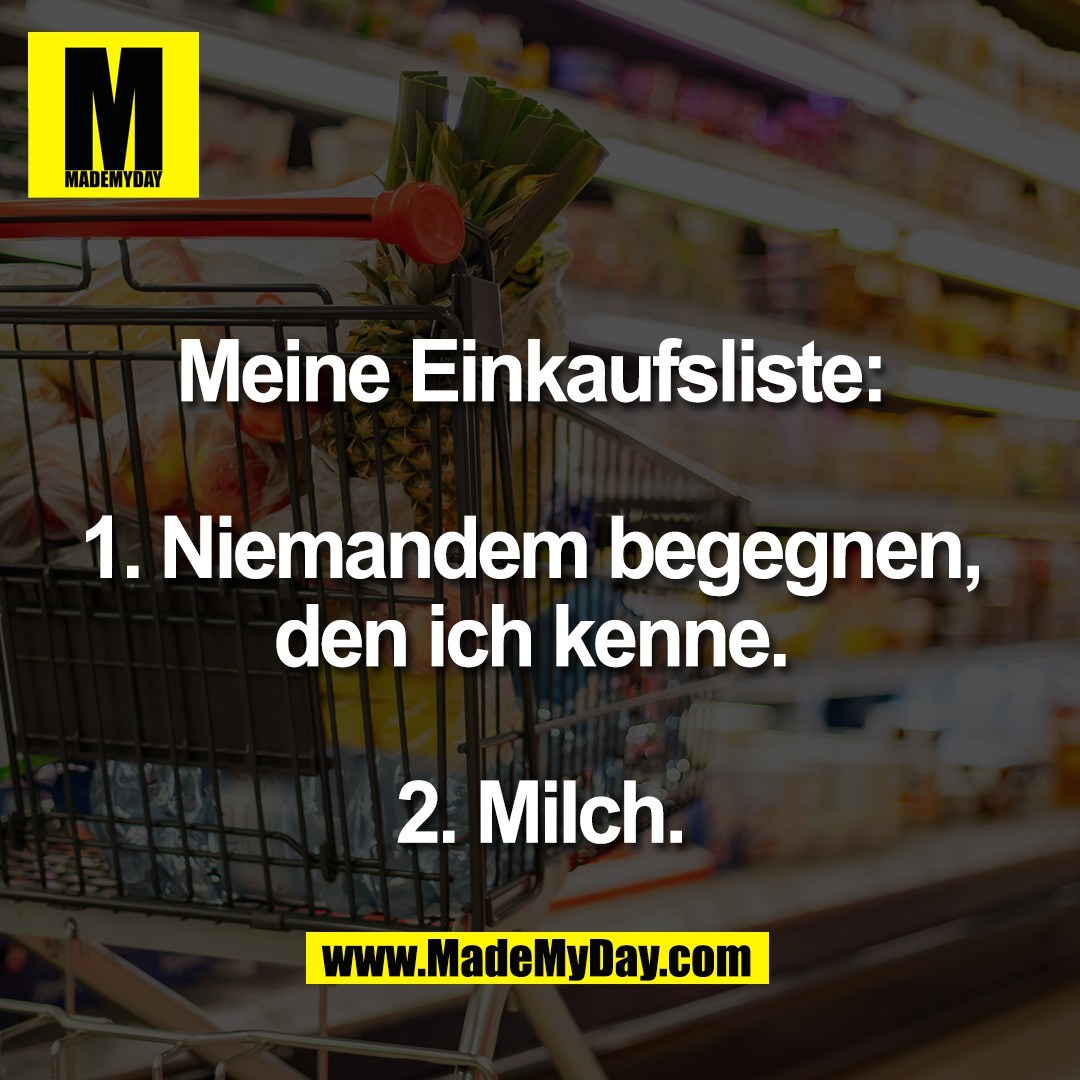 Meine Einkaufsliste: <br />
<br />
1. Niemandem begegnen, <br />
den ich kenne. <br />
<br />
2. Milch.