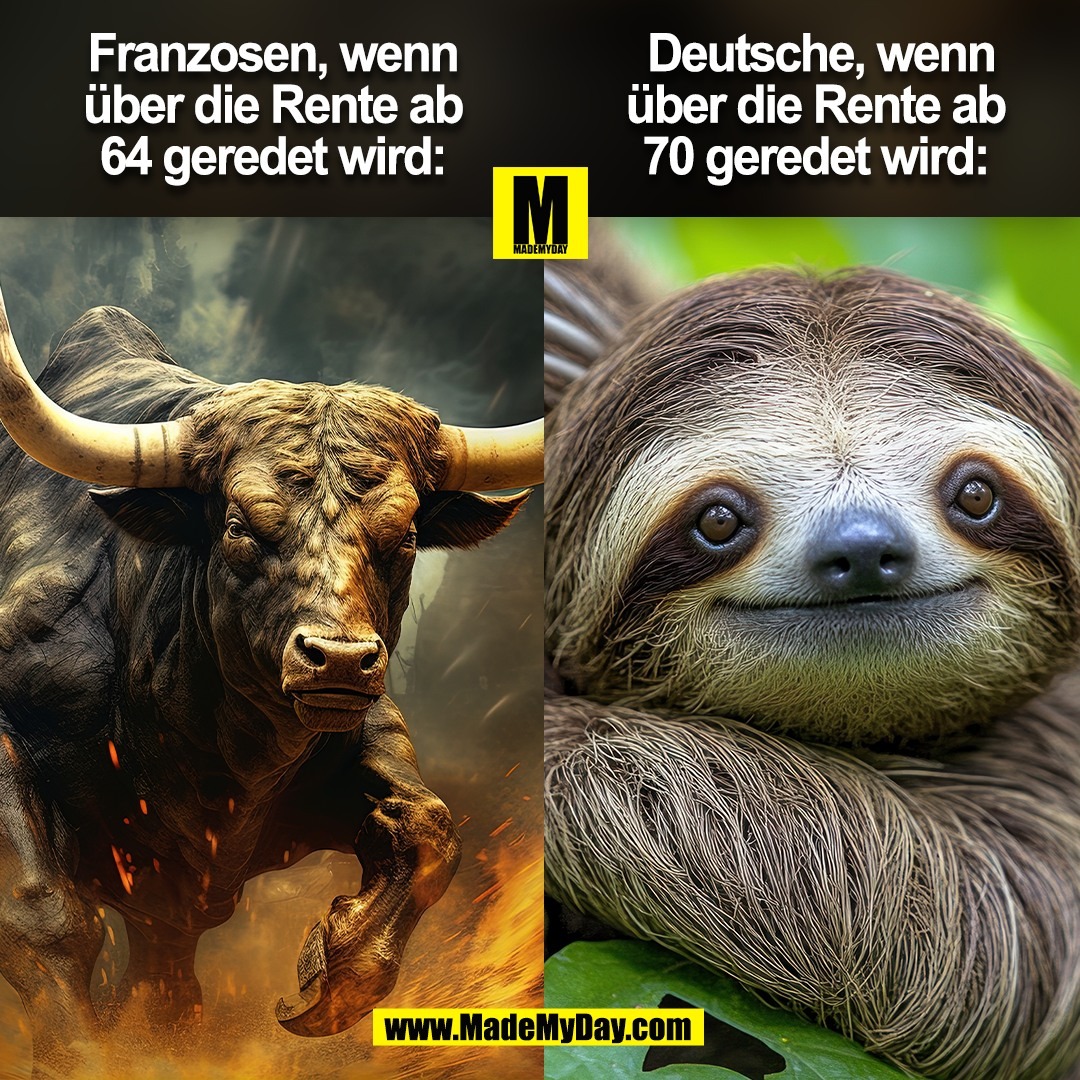 Franzosen, wenn<br />
über die Rente ab<br />
64 geredet wird:<br />
<br />
Deutsche, wenn<br />
über die Rente ab<br />
70 geredet wird:<br />
<br />
<br />
(BILD)