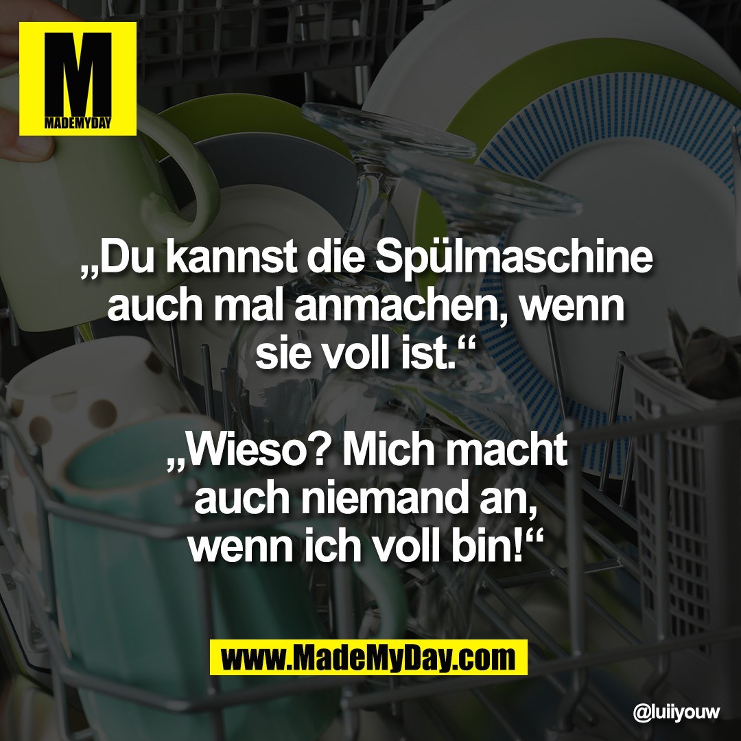 „Du kannst die Spülmaschine <br />
auch mal anmachen, wenn <br />
sie voll ist.“ <br />
<br />
„Wieso? Mich macht <br />
auch niemand an, <br />
wenn ich voll bin!“