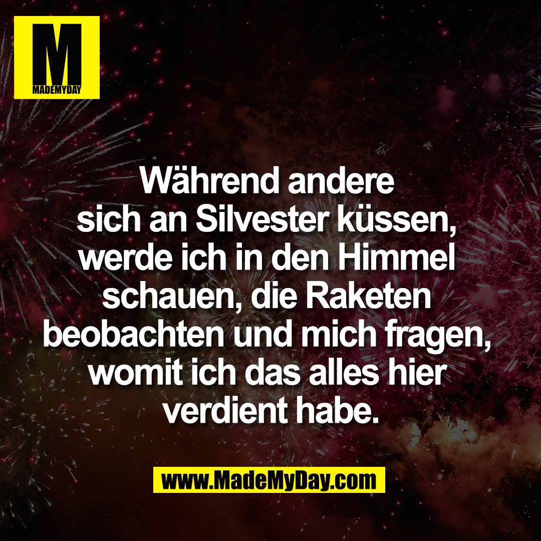 Während andere <br />
sich an Silvester küssen, <br />
werde ich in den Himmel <br />
schauen, die Raketen <br />
beobachten und mich fragen, <br />
womit ich das alles hier <br />
verdient habe.