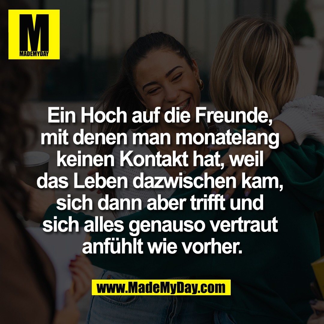 Ein Hoch auf die Freunde, <br />
mit denen man monatelang <br />
keinen Kontakt hat, weil <br />
das Leben dazwischen kam, <br />
sich dann aber trifft und <br />
sich alles genauso vertraut <br />
anfühlt wie vorher.