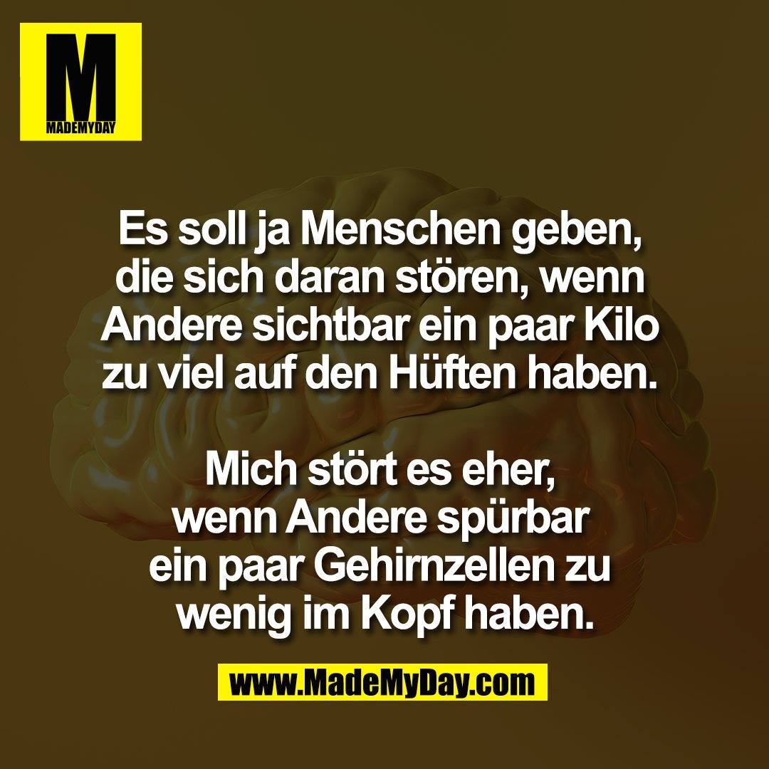 Es soll ja Menschen geben, <br />
die sich daran stören, wenn <br />
Andere sichtbar ein paar Kilo <br />
zu viel auf den Hüften haben. <br />
<br />
Mich stört es eher, <br />
wenn Andere spürbar <br />
ein paar Gehirnzellen zu <br />
wenig im Kopf haben.