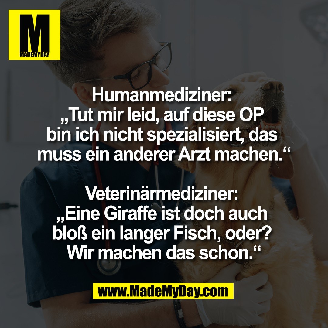 Humanmediziner: <br />
„Tut mir leid, auf diese OP <br />
bin ich nicht spezialisiert, das <br />
muss ein anderer Arzt machen.“<br />
<br />
Veterinärmediziner: <br />
„Eine Giraffe ist doch auch <br />
bloß ein langer Fisch, oder? <br />
Wir machen das schon.“