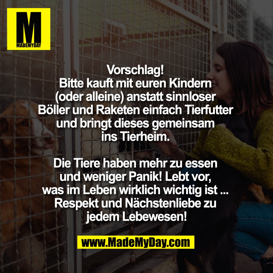 Vorschlag! <br />
Bitte kauft mit euren Kindern <br />
(oder alleine) anstatt sinnloser <br />
Böller und Raketen einfach Tierfutter <br />
und bringt dieses gemeinsam <br />
ins Tierheim. <br />
<br />
Die Tiere haben mehr zu essen <br />
und weniger Panik! Lebt vor, <br />
was im Leben wirklich wichtig ist ... <br />
Respekt und Nächstenliebe zu <br />
jedem Lebewesen!