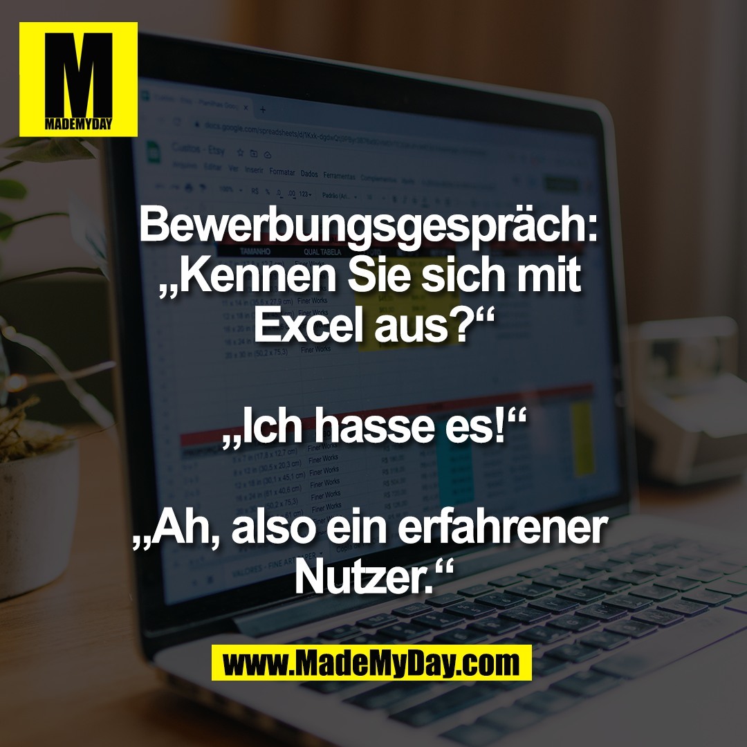 Bewerbungsgespräch: <br />
„Kennen Sie sich mit <br />
Excel aus?“<br />
<br />
„Ich hasse es!“<br />
<br />
„Ah, also ein erfahrener <br />
Nutzer.“