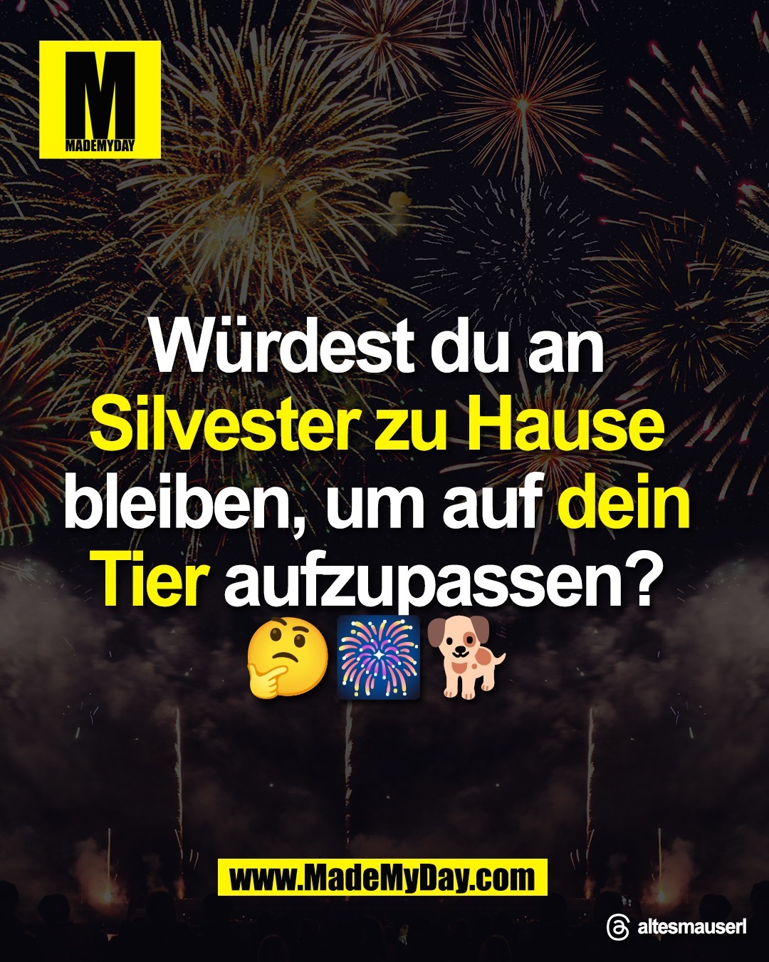 Würdest du an <br />
Silvester zu Hause <br />
bleiben, um auf dein <br />
Tier aufzupassen? <br />
🤔🎆🐕<br />
<br />
Threads: altesmauserl