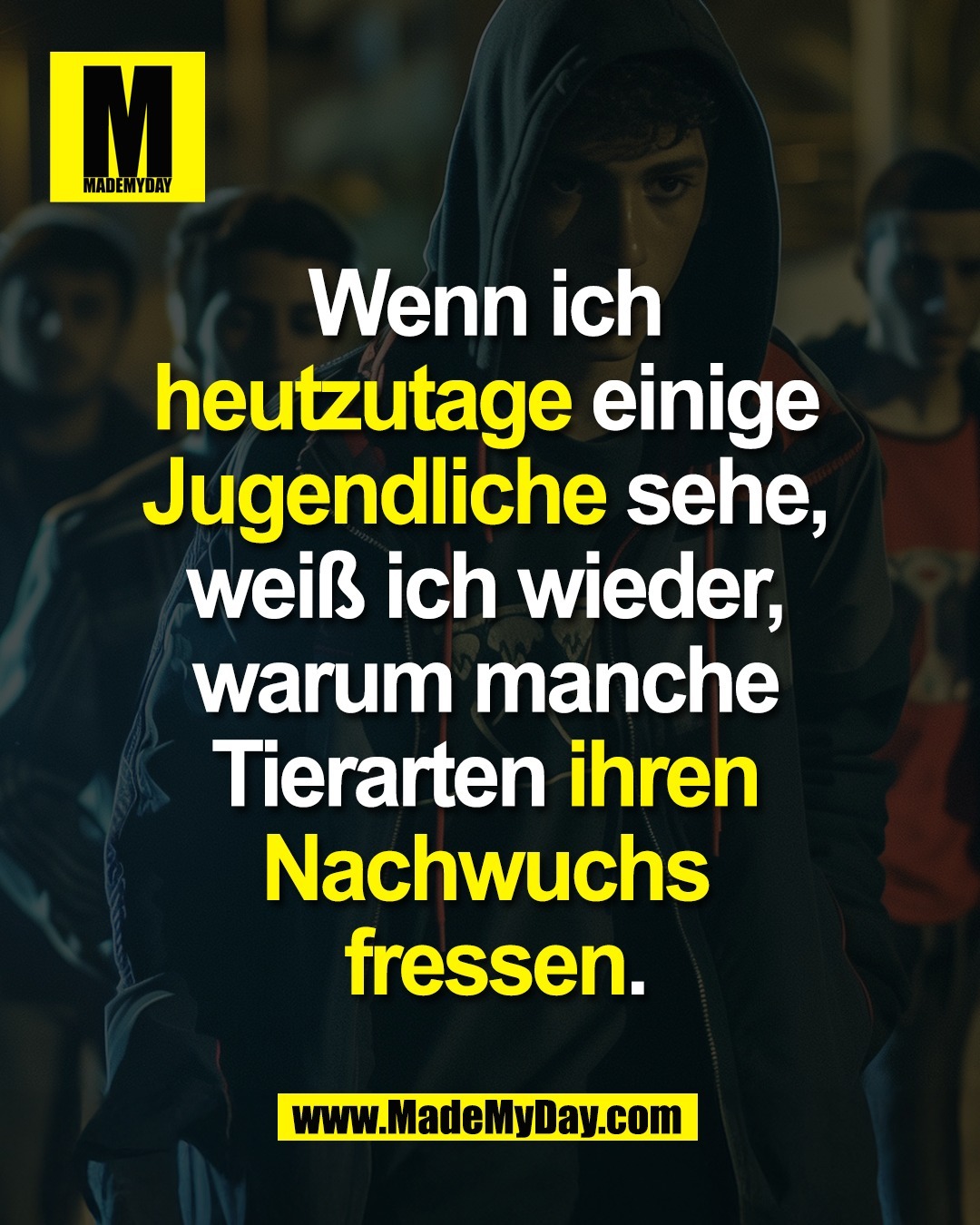 Wenn ich <br />
heutzutage einige <br />
Jugendliche sehe, <br />
weiß ich wieder, <br />
warum manche <br />
Tierarten ihren <br />
Nachwuchs <br />
fressen.