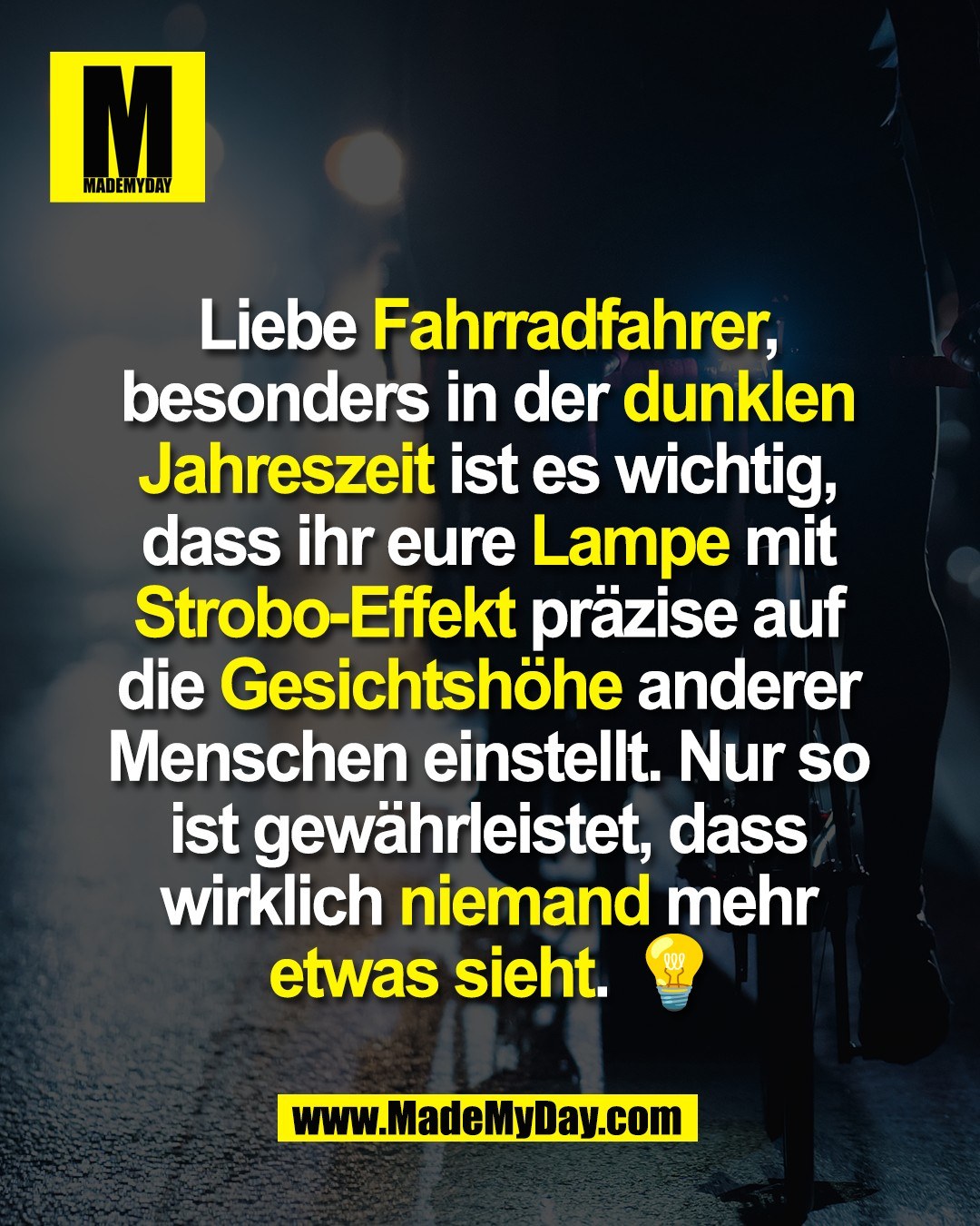 Liebe Fahrradfahrer, <br />
besonders in der dunklen <br />
Jahreszeit ist es wichtig, <br />
dass ihr eure Lampe mit <br />
Strobo-Effekt präzise auf <br />
die Gesichtshöhe anderer <br />
Menschen einstellt. Nur so <br />
ist gewährleistet, dass <br />
wirklich niemand mehr <br />
etwas sieht. 💡