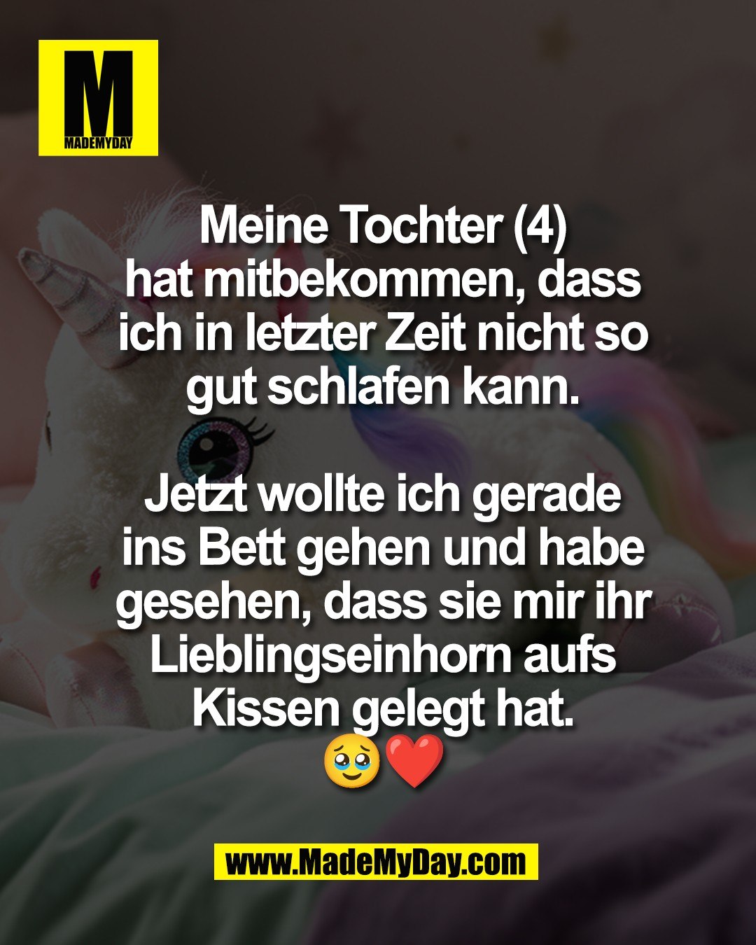 Meine Tochter (4)<br />
hat mitbekommen, dass<br />
ich in letzter Zeit nicht so<br />
gut schlafen kann.<br />
<br />
Jetzt wollte ich gerade<br />
ins Bett gehen und habe<br />
gesehen, dass sie mir ihr<br />
Lieblingseinhorn aufs<br />
Kissen gelegt hat.<br />
🥹❤️