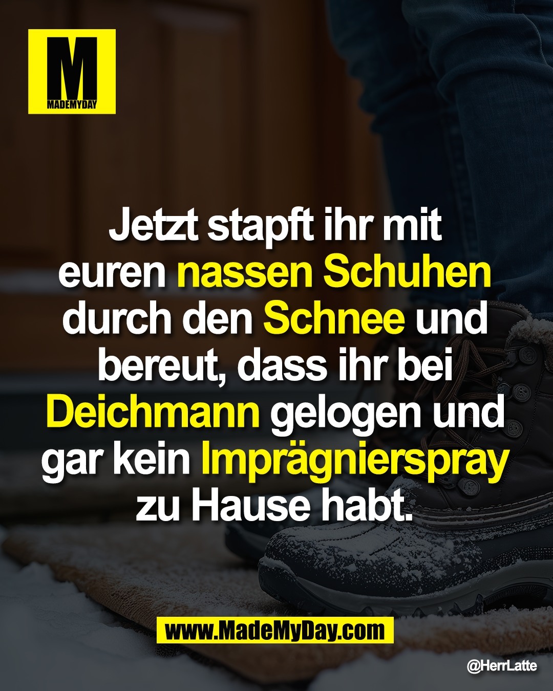Jetzt stapft ihr mit <br />
euren nassen Schuhen <br />
durch den Schnee und <br />
bereut, dass ihr bei <br />
Deichmann gelogen und <br />
gar kein Impr&auml;gnierspray <br />
zu Hause habt. 