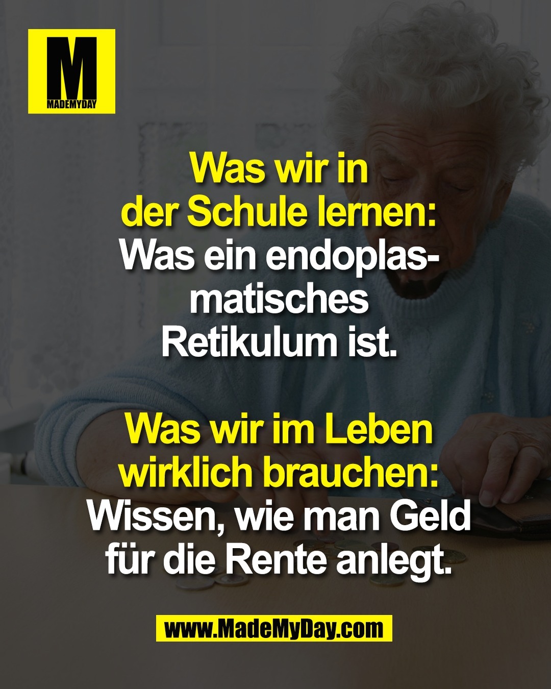 Was wir in<br />
der Schule lernen:<br />
Was ein endoplas-<br />
matisches<br />
Retikulum ist.<br />
<br />
Was wir im Leben<br />
wirklich brauchen:<br />
Wissen, wie man Geld<br />
f&uuml;r die Rente anlegt.