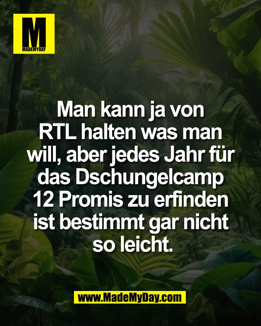 Man kann ja von <br />
RTL halten was man <br />
will, aber jedes Jahr f&uuml;r <br />
das Dschungelcamp <br />
12 Promis zu erfinden <br />
ist bestimmt gar nicht <br />
so leicht.