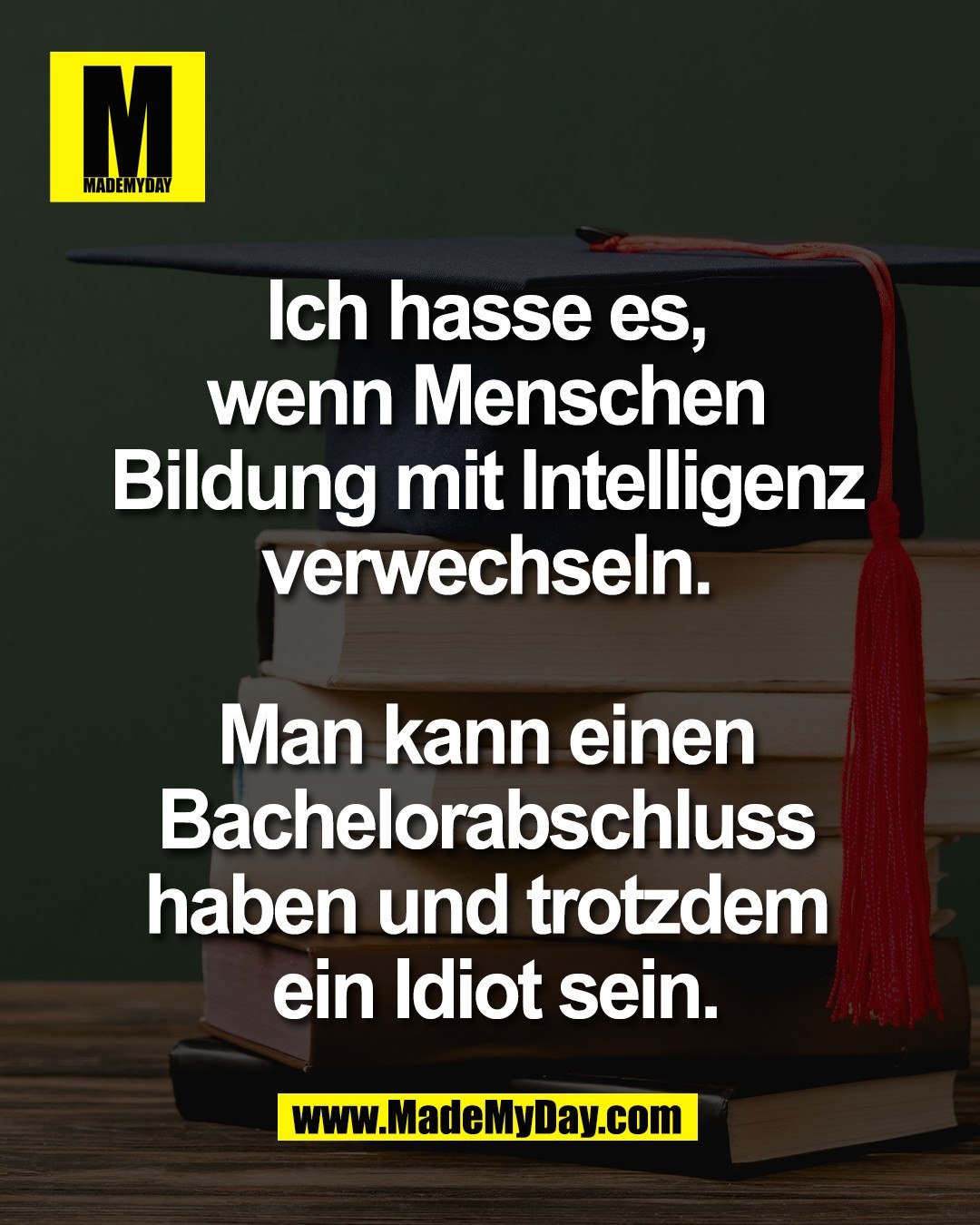 Ich hasse es, <br />
wenn Menschen <br />
Bildung mit Intelligenz <br />
verwechseln. <br />
<br />
Man kann einen <br />
Bachelorabschluss <br />
haben und trotzdem <br />
ein Idiot sein.