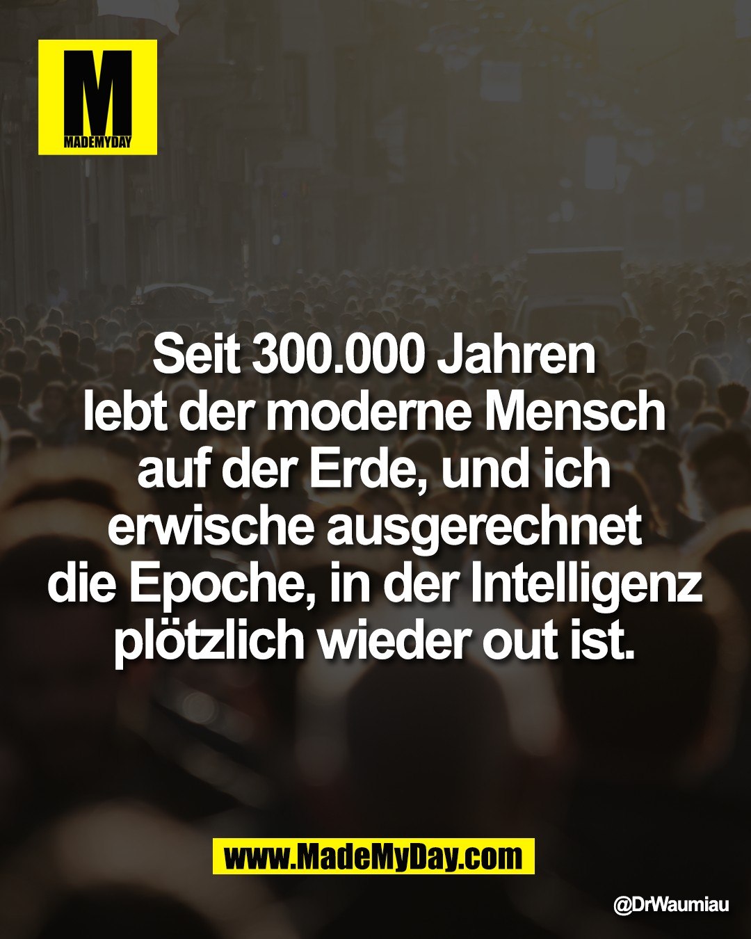 Seit 300.000 Jahren <br />
lebt der moderne Mensch <br />
auf der Erde, und ich <br />
erwische ausgerechnet <br />
die Epoche, in der Intelligenz <br />
pl&ouml;tzlich wieder out ist.