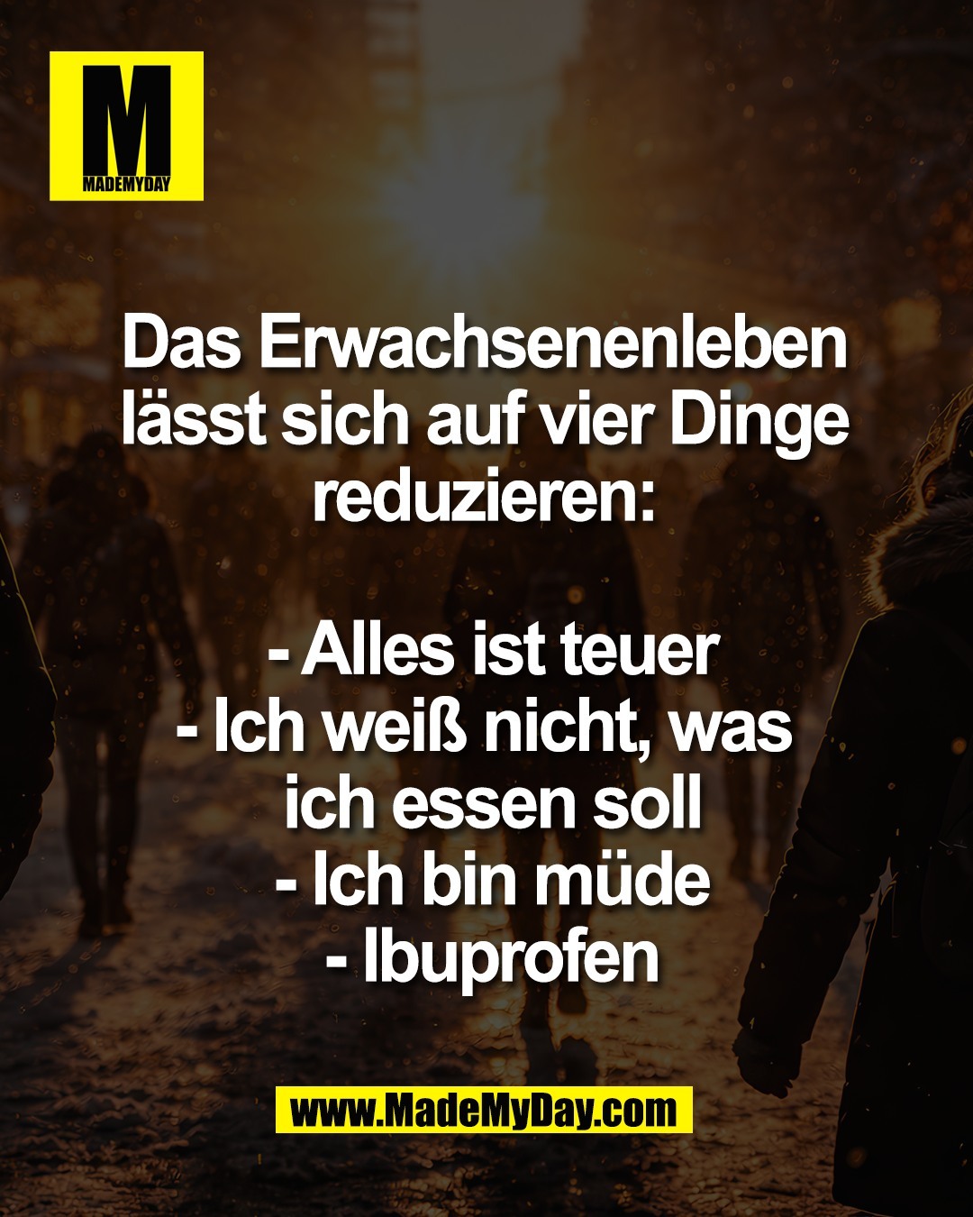 Das Erwachsenenleben <br />
l&auml;sst sich auf vier Dinge <br />
reduzieren: <br />
<br />
- Alles ist teuer<br />
- Ich wei&szlig; nicht, was <br />
ich essen soll<br />
- Ich bin m&uuml;de<br />
- Ibuprofen