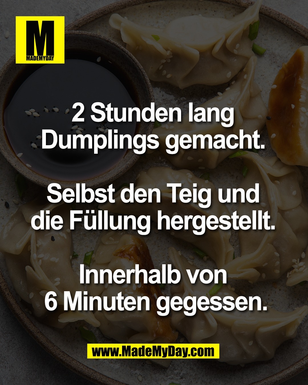 2 Stunden lang <br />
Dumplings gemacht. <br />
<br />
Selbst den Teig und <br />
die F&uuml;llung hergestellt. <br />
<br />
Innerhalb von <br />
6 Minuten gegessen.