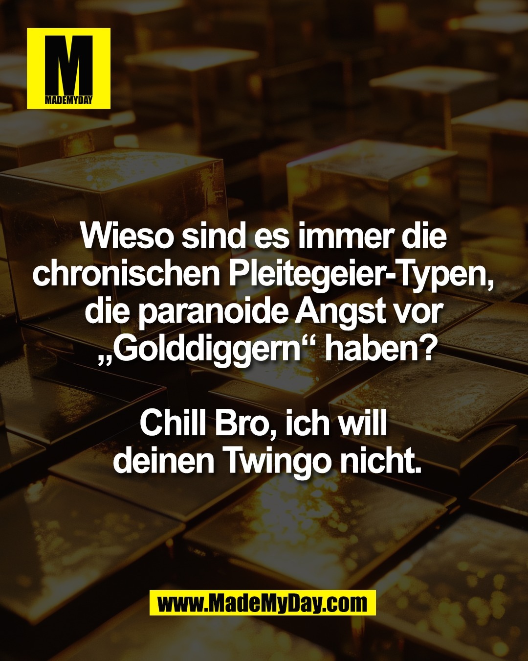 Wieso sind es immer die <br />
chronischen Pleitegeier-Typen, <br />
die paranoide Angst vor <br />
&bdquo;Golddiggern&ldquo; haben?<br />
<br />
Chill Bro, ich will <br />
deinen Twingo nicht.