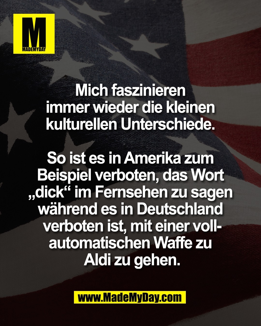 Mich faszinieren <br />
immer wieder die kleinen <br />
kulturellen Unterschiede. <br />
<br />
So ist es in Amerika zum <br />
Beispiel verboten, das Wort <br />
&bdquo;dick&ldquo; im Fernsehen zu sagen <br />
w&auml;hrend es in Deutschland <br />
verboten ist, mit einer voll-<br />
automatischen Waffe zu <br />
Aldi zu gehen.