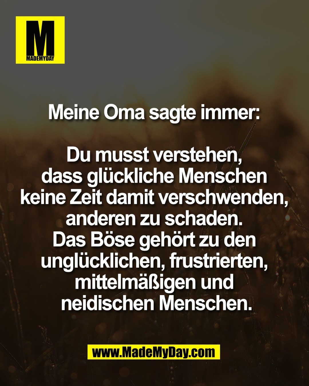 Meine Oma sagte immer: <br />
<br />
Du musst verstehen, <br />
dass gl&uuml;ckliche Menschen <br />
keine Zeit damit verschwenden, <br />
anderen zu schaden. <br />
Das B&ouml;se geh&ouml;rt zu den <br />
ungl&uuml;cklichen, frustrierten, <br />
mittelm&auml;&szlig;igen und <br />
neidischen Menschen.