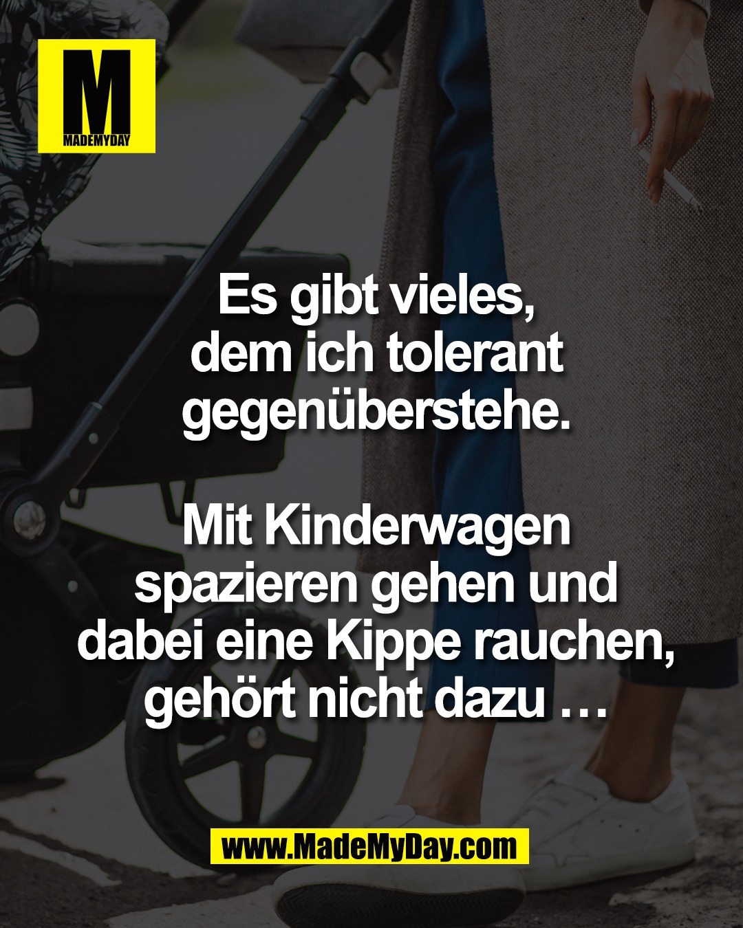 Es gibt vieles,<br />
dem ich tolerant<br />
gegen&uuml;berstehe.<br />
<br />
Mit Kinderwagen<br />
spazieren gehen und<br />
dabei eine Kippe rauchen,<br />
geh&ouml;rt nicht dazu &hellip;