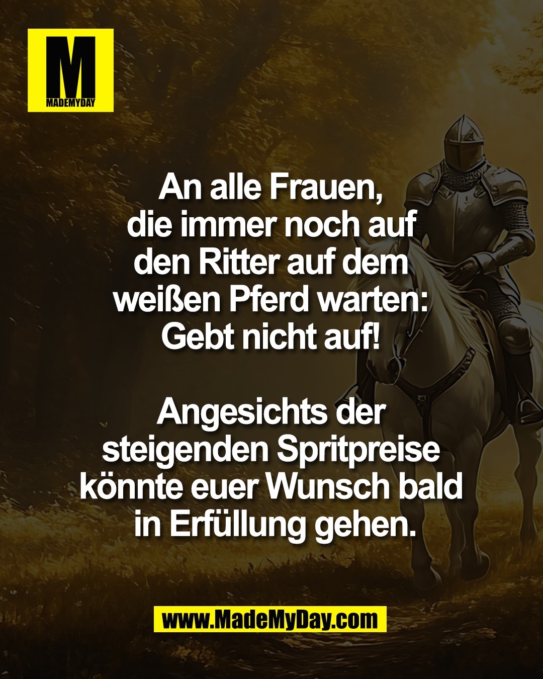 An alle Frauen, <br />
die immer noch auf <br />
den Ritter auf dem <br />
wei&szlig;en Pferd warten: <br />
Gebt nicht auf! <br />
<br />
Angesichts der <br />
steigenden Spritpreise <br />
k&ouml;nnte euer Wunsch bald <br />
in Erf&uuml;llung gehen.