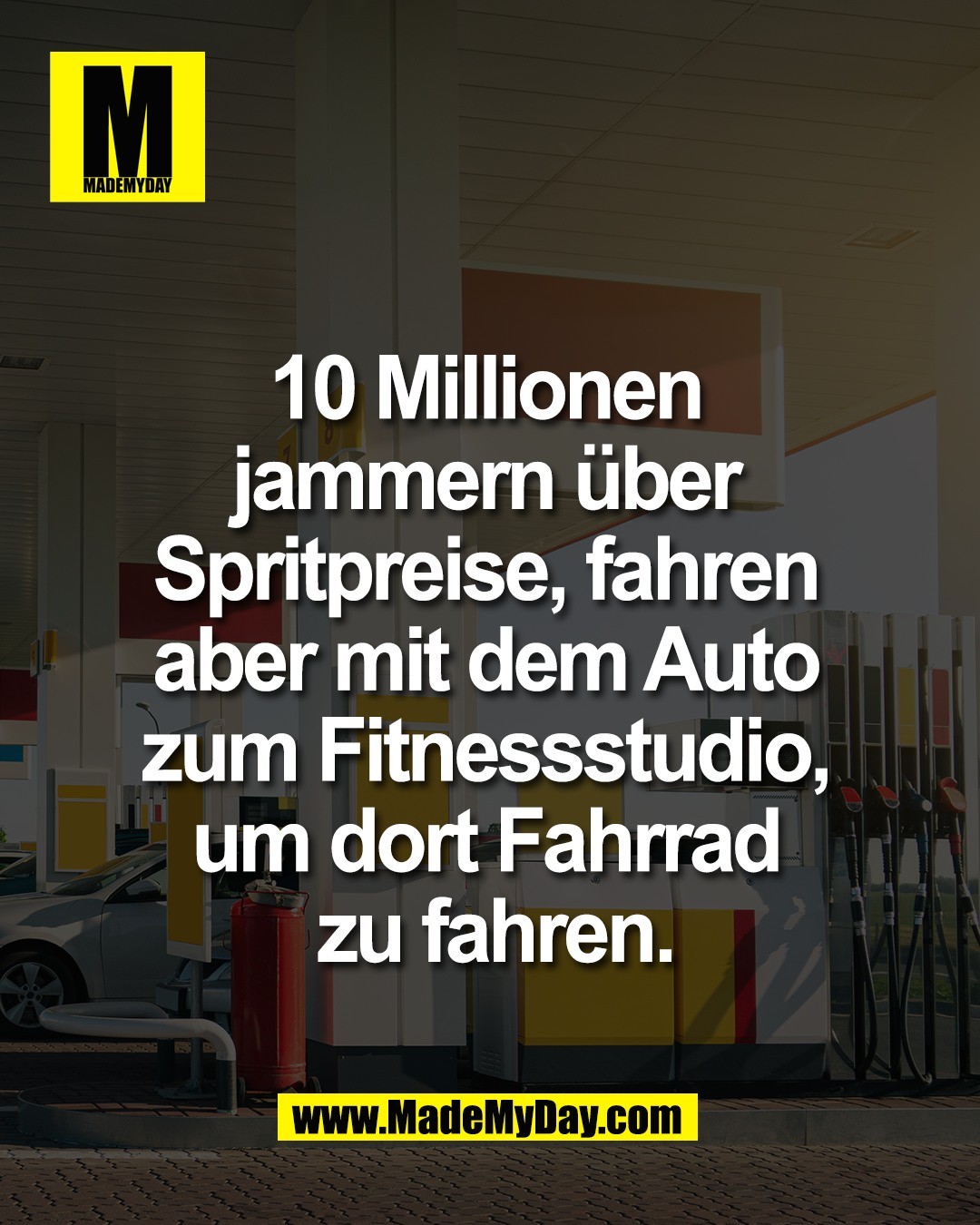 10 Millionen <br />
jammern &uuml;ber <br />
Spritpreise, fahren <br />
aber mit dem Auto <br />
zum Fitnessstudio, <br />
um dort Fahrrad <br />
zu fahren.