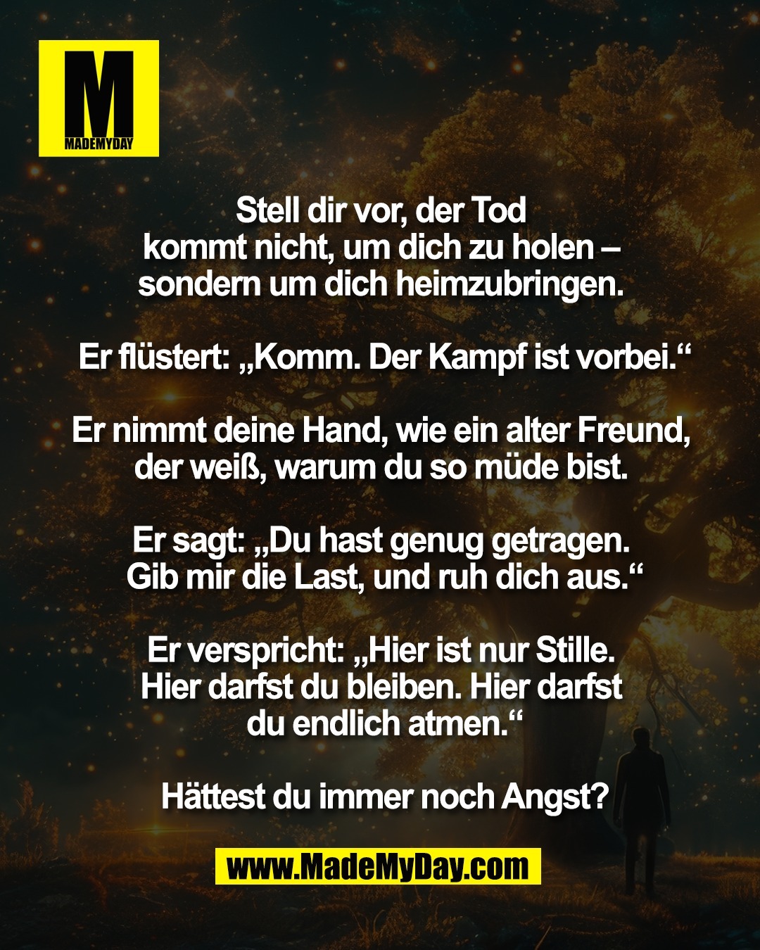Stell dir vor, der Tod <br />
kommt nicht, um dich zu holen &ndash; <br />
sondern um dich heimzubringen. <br />
<br />
Er fl&uuml;stert: &bdquo;Komm. Der Kampf ist vorbei.&ldquo;<br />
<br />
Er nimmt deine Hand, wie ein alter Freund, <br />
der wei&szlig;, warum du so m&uuml;de bist. <br />
<br />
Er sagt: &bdquo;Du hast genug getragen. <br />
Gib mir die Last, und ruh dich aus.&ldquo;<br />
<br />
Er verspricht: &bdquo;Hier ist nur Stille. <br />
Hier darfst du bleiben. Hier darfst <br />
du endlich atmen.&ldquo;<br />
<br />
H&auml;ttest du immer noch Angst?