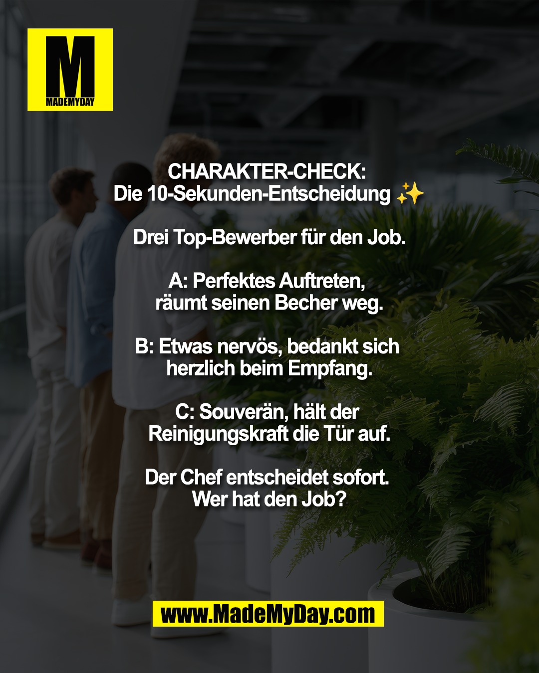 Sonntags-Gedanke: Es sind oft nicht die Zeugnisse, die entscheiden, wer wir wirklich sind. &acirc;&tilde;&bull;&iuml;&cedil; Der Chef sieht etwas, das in keinem Lebenslauf steht. Was meint ihr &acirc;&euro;&ldquo; wer hat den Job sicher und warum?