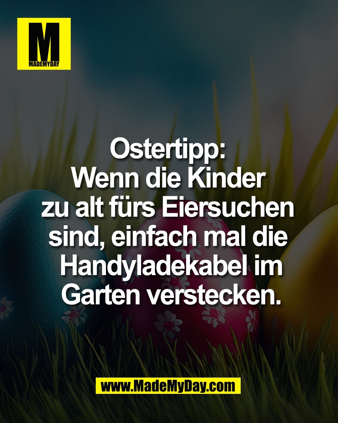 Ostertipp: <br />
Wenn die Kinder <br />
zu alt f&uuml;rs Eiersuchen <br />
sind, einfach mal die <br />
Handyladekabel im<br />
Garten verstecken.