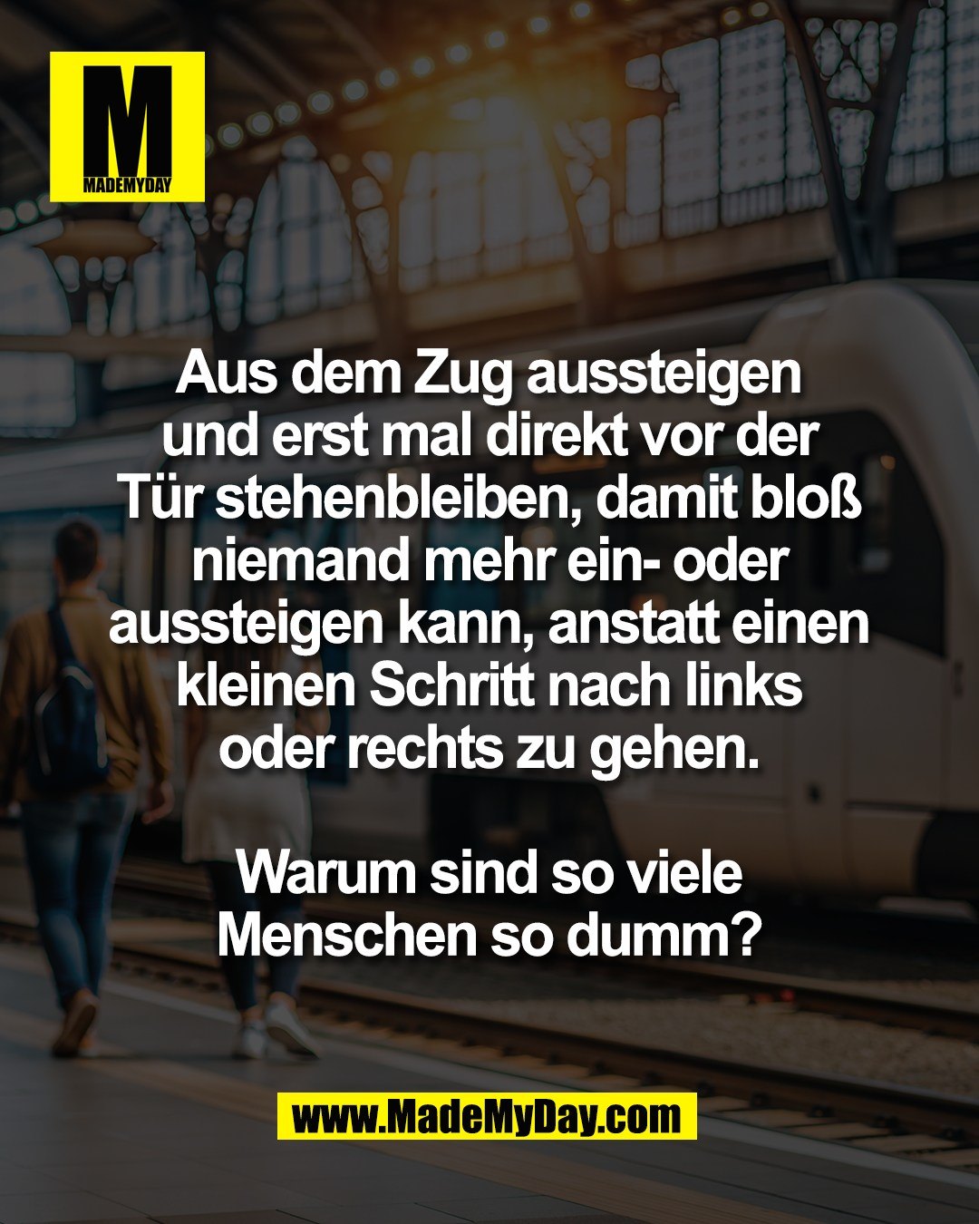 Aus dem Zug aussteigen <br />
und erst mal direkt vor der <br />
T&uuml;r stehenbleiben, damit blo&szlig; <br />
niemand mehr ein- oder <br />
aussteigen kann, anstatt einen <br />
kleinen Schritt nach links <br />
oder rechts zu gehen. <br />
<br />
Warum sind so viele <br />
Menschen so dumm? 