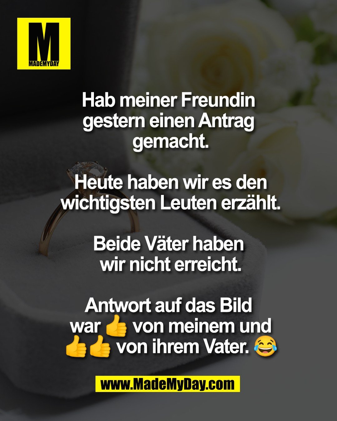 Hab meiner Freundin <br />
gestern einen Antrag <br />
gemacht.<br />
<br />
Heute haben wir es den<br />
wichtigsten Leuten erz&auml;hlt.<br />
<br />
Beide V&auml;ter haben <br />
wir nicht erreicht.<br />
<br />
Antwort auf das Bild <br />
war 👍 von meinem und<br />
👍👍 von ihrem Vater. 😂