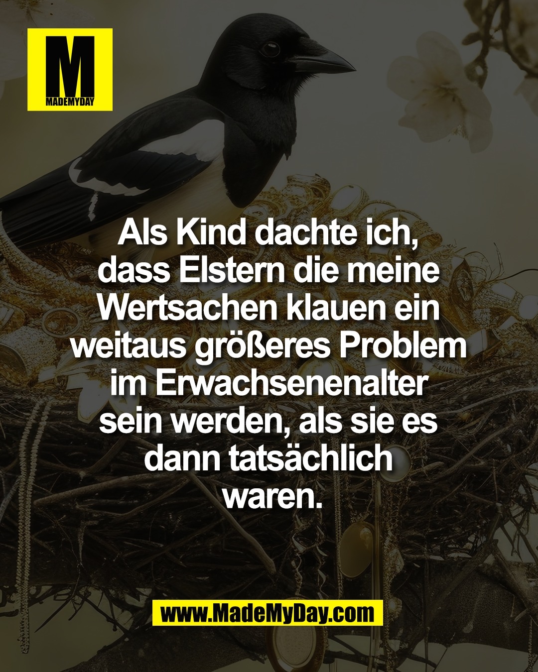 Als Kind dachte ich, <br />
dass Elstern die meine <br />
Wertsachen klauen ein <br />
weitaus gr&ouml;&szlig;eres Problem <br />
im Erwachsenenalter <br />
sein werden, als sie es <br />
dann tats&auml;chlich <br />
waren.