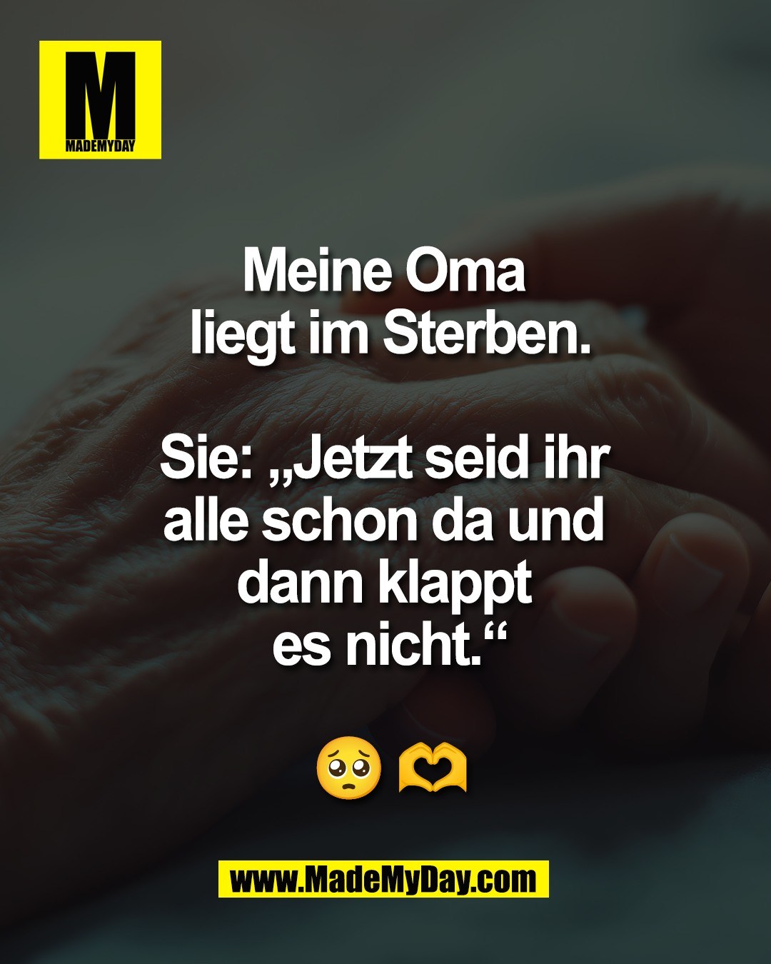 Meine Oma <br />
liegt im Sterben.<br />
<br />
Sie: &bdquo;Jetzt seid ihr <br />
alle schon da und <br />
dann klappt <br />
es nicht.&ldquo;<br />
<br />
🥺 🫶