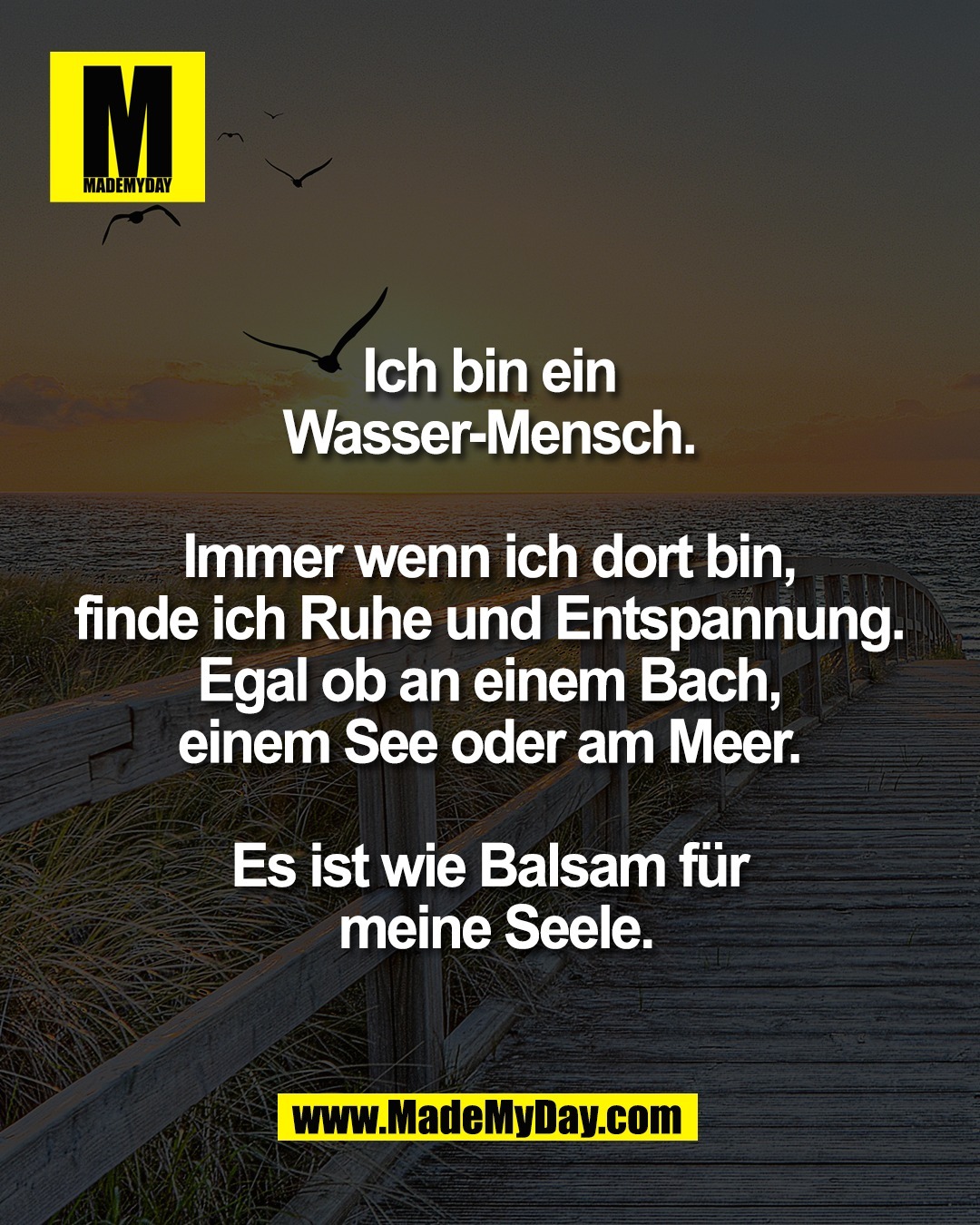 Ich bin ein <br />
Wasser-Mensch. <br />
<br />
Immer wenn ich dort bin, <br />
finde ich Ruhe und Entspannung. <br />
Egal ob an einem Bach, <br />
einem See oder am Meer. <br />
<br />
Es ist wie Balsam f&uuml;r <br />
meine Seele.