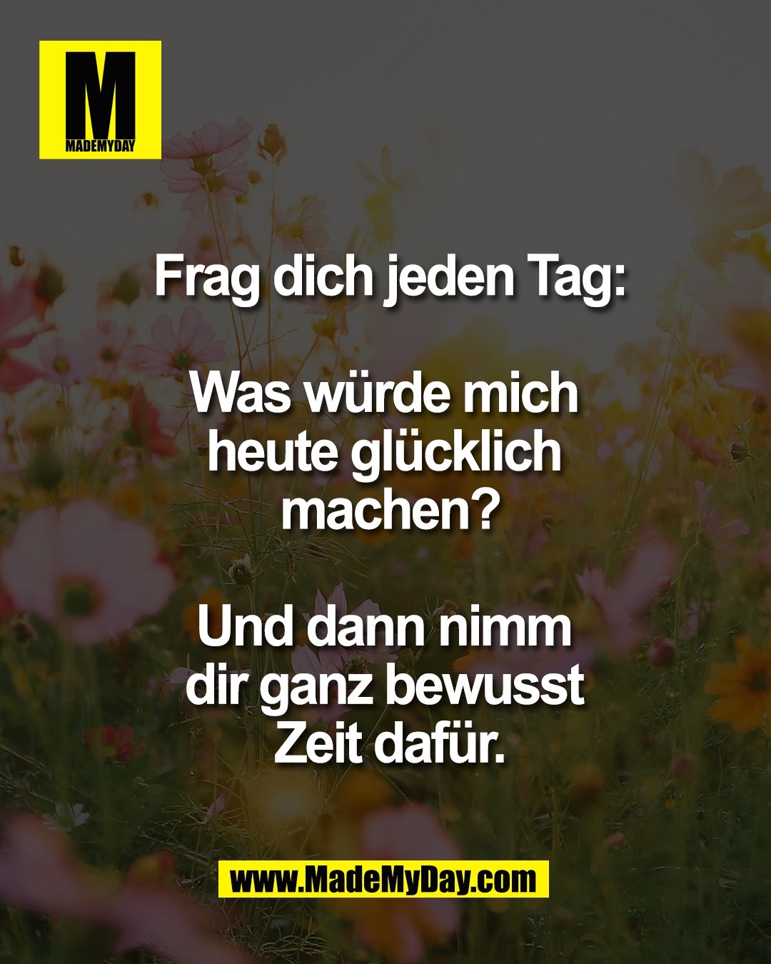 Frag dich jeden Tag:<br />
<br />
Was w&uuml;rde mich <br />
heute gl&uuml;cklich <br />
machen?<br />
<br />
Und dann nimm <br />
dir ganz bewusst <br />
Zeit daf&uuml;r.