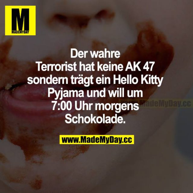 Der wahre Terrorist hat keine AK 47 sondern trägt ein Hello Kitty Pyjama und will um 7:00 Uhr morgens Schokolade.