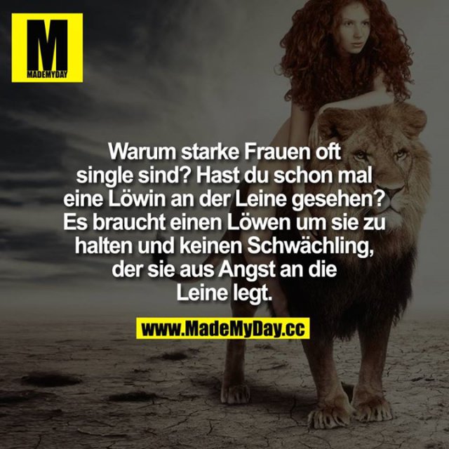 Warum starke Frauen oft Single sind?<br />
Hast Du schon mal eine Löwin an der Leine gesehen?<br />
Es braucht einen Löwen um Sie zu halten und keinen Schwächling, der Sie aus Angst an die Leine legt.