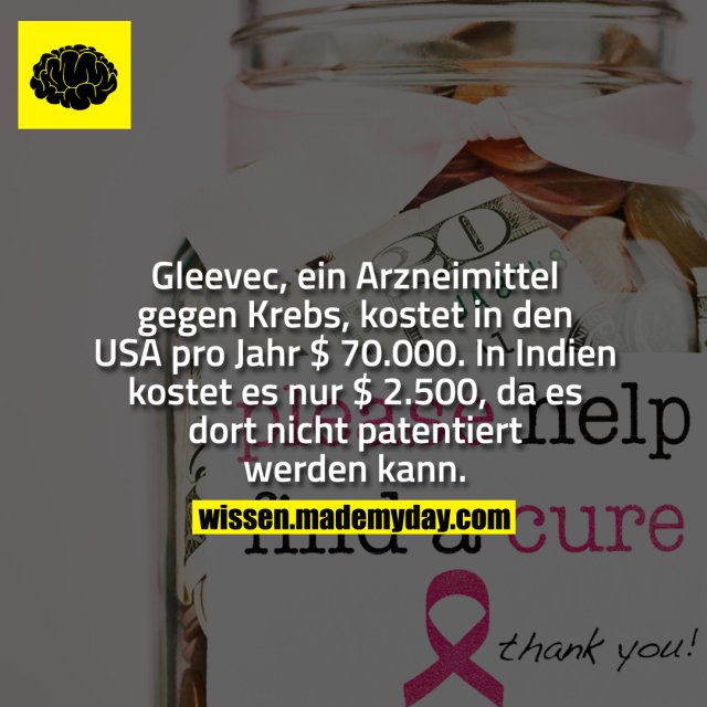 Gleevec, ein Arzneimittel gegen Krebs, kostet in den USA pro Jahr $ 70.000. In Indien kostet es nur $ 2.500, da es dort nicht patentiert werden kann.