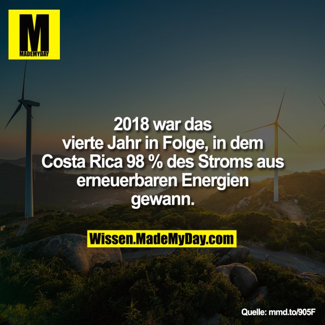 2018 war das vierte Jahr in Folge, in dem Rica 98 % des Stroms aus erneuerbaren Energien gewann.