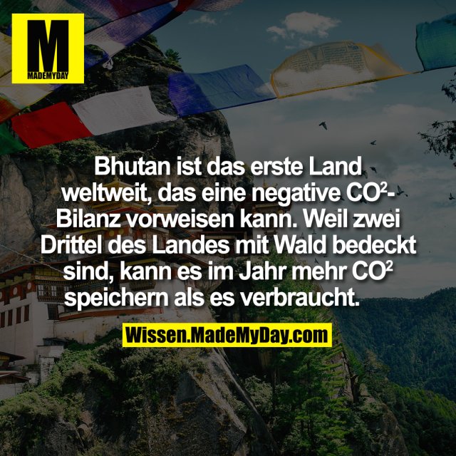 Bhutan ist das erste Land weltweit, das eine negative CO2-Bilanz vorweisen kann. Weil zwei Drittel des Landes mit Wald bedeckt sind, kann es im Jahr mehr CO2 speichern als es verbraucht.