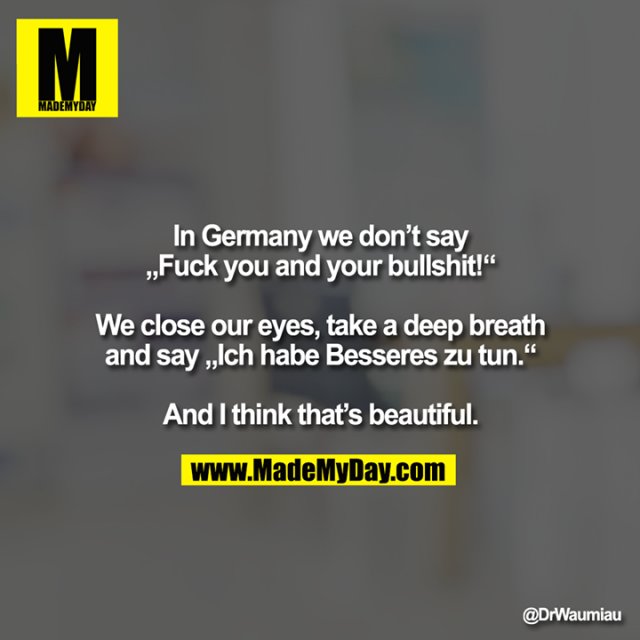 In Germany we don’t say<br />
„Fuck you and your bullshit!“<br />
<br />
We close our eyes, take a deep breath and say „Ich habe Besseres zu tun.“<br />
<br />
And I think that’s beautiful.