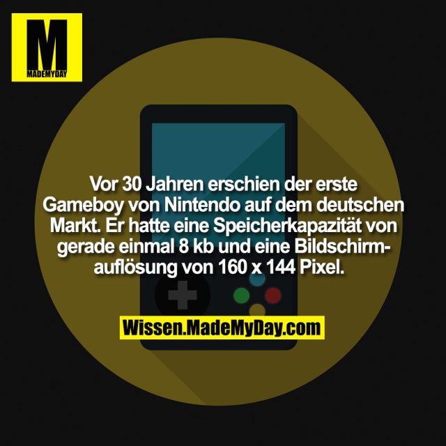 Vor 30 Jahren erschien der erste Gameboy von Nintendo auf dem deutschen Markt. Er hatte eine Speicherkapazität von gerade einmal 8 kb und eine Bildschirmauflösung von 160 x 144 Pixel.