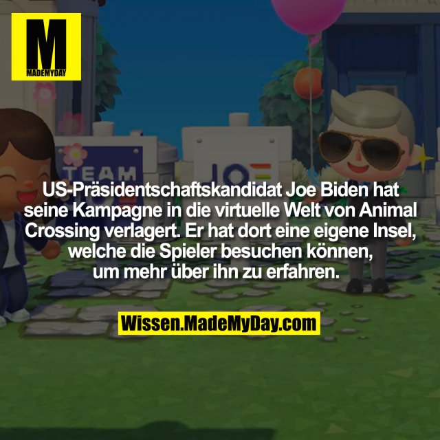 US-Präsidentschaftskandidat Joe Biden hat seine Kampagne in die virtuelle Welt von Animal Crossing verlagert. Er hat dort eine eigene Insel, welche die Spieler besuchen können, um mehr über ihn zu erfahren.