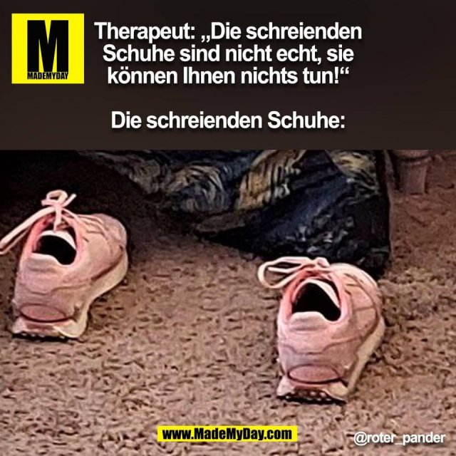 Therapeut: „Die schreienden<br />
Schuhe sind nicht echt, sie<br />
können Ihnen nichts tun!“<br />
<br />
Die schreienden Schuhe: @roter_pander<br />
(BILD)
