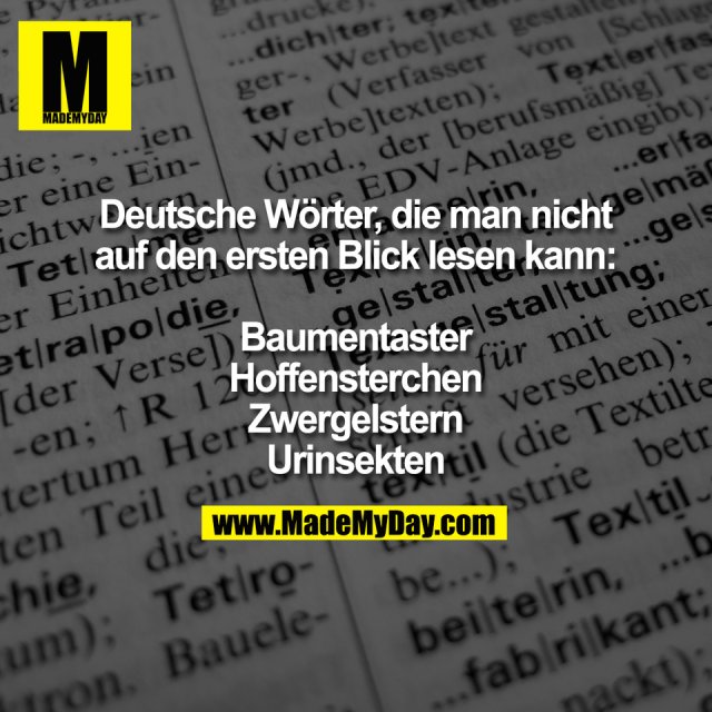 Deutsche Wörter, die man nicht<br />
auf den ersten Blick lesen kann:<br />
<br />
Baumentaster<br />
Hoffensterchen<br />
Zwergelstern<br />
Urinsekten