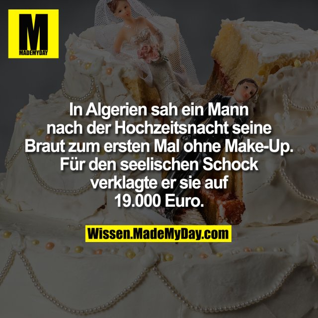 In Algerien sah ein Mann nach der Hochzeitsnacht seine Braut zum ersten Mal ohne Make-Up. Für den seelischen Schock verklagte er sie auf 19.000 Euro.